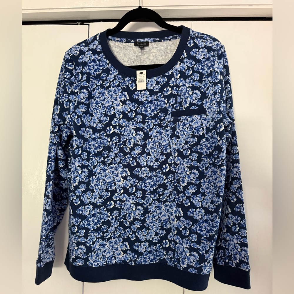 NWT! Talbots Navy Floral Crew Neck Sweatshirt, L